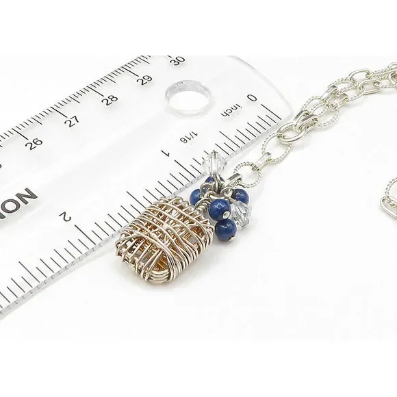 925 Sterling Silver Vintage Lapis Lazuli Paw Print Chain Necklace NE3574